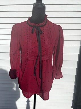 mine Burgundy Polka Dot Lace-Trim Tie-Neck Long Sleeve Blouse